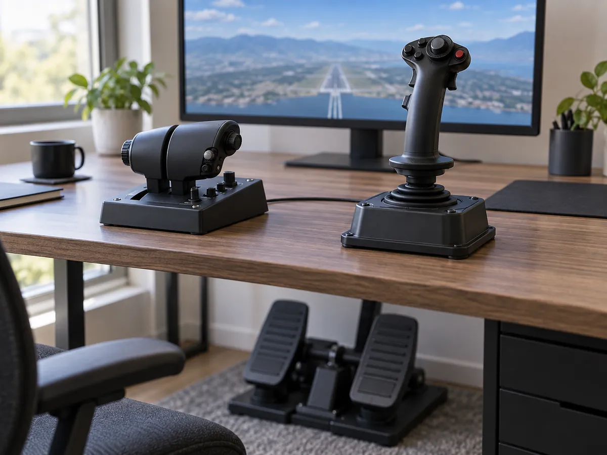 Generic flight stick, separate throttle, and rudder pedals on a home simulator desk.