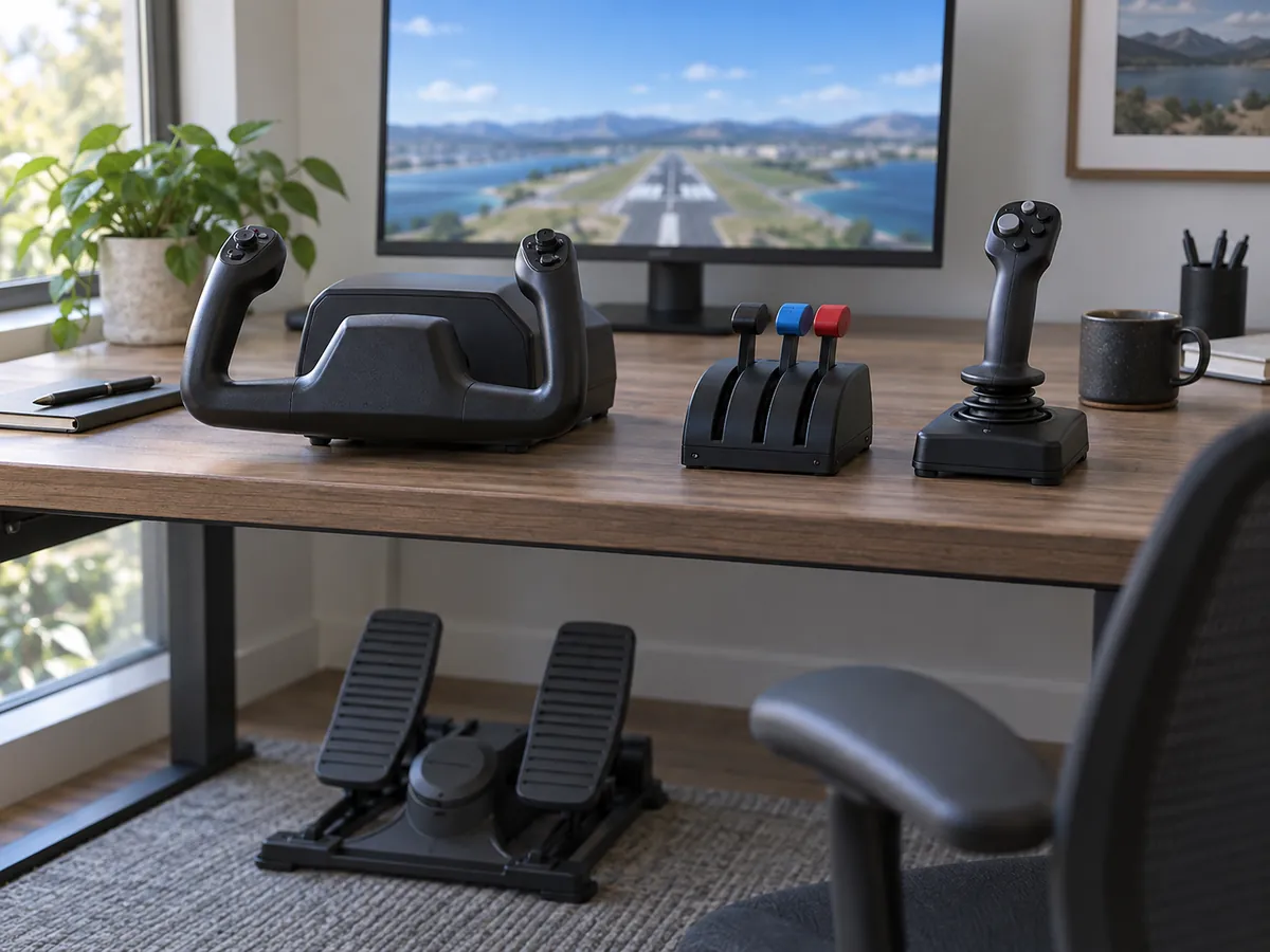 Generic flight yoke, throttle quadrant, flight stick, and rudder pedals arranged on a home simulator desk.
