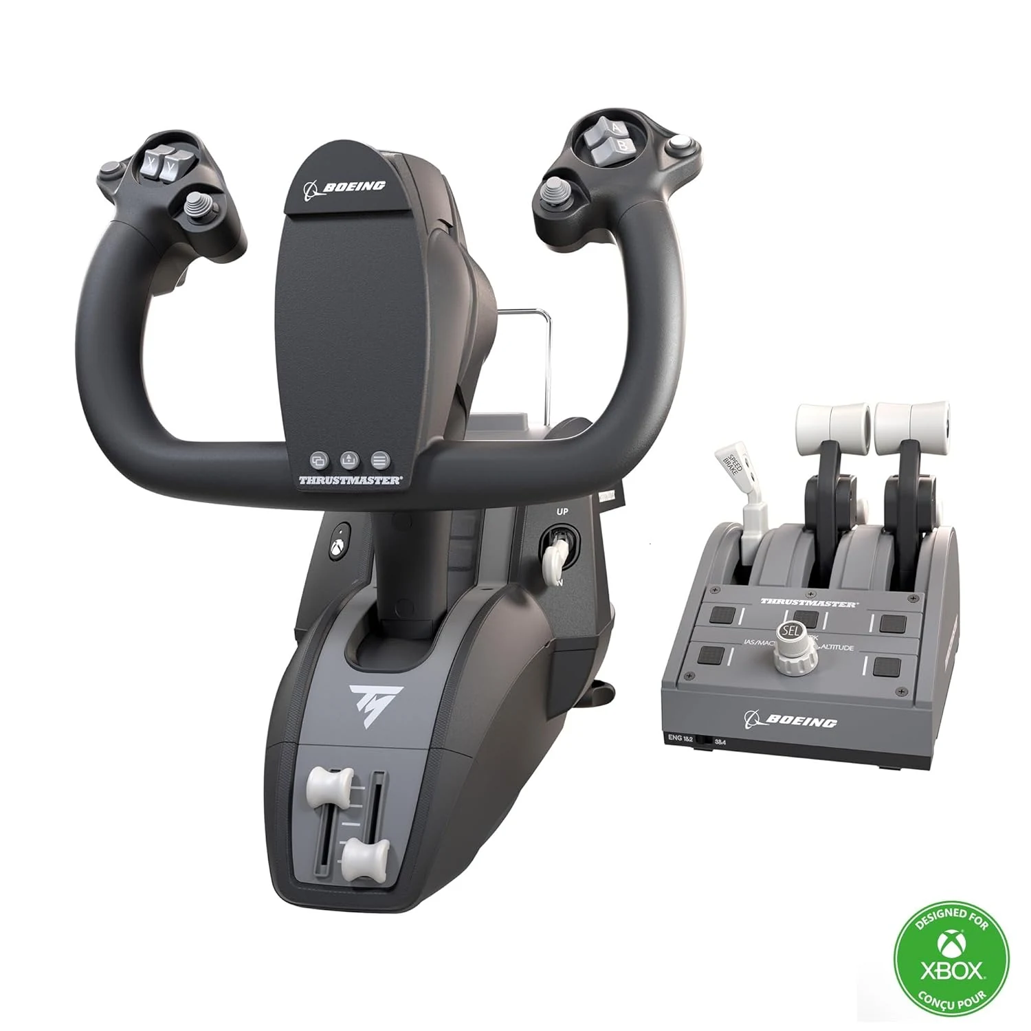 Thrustmaster TCA Boeing yoke, throttle quadrant, and desk mount.